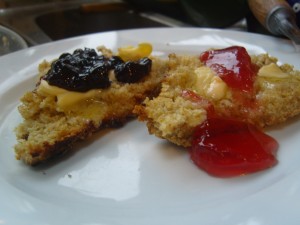 Griddle bread with Wild Damson Jelly and Homemade  Blackcurrant Jam